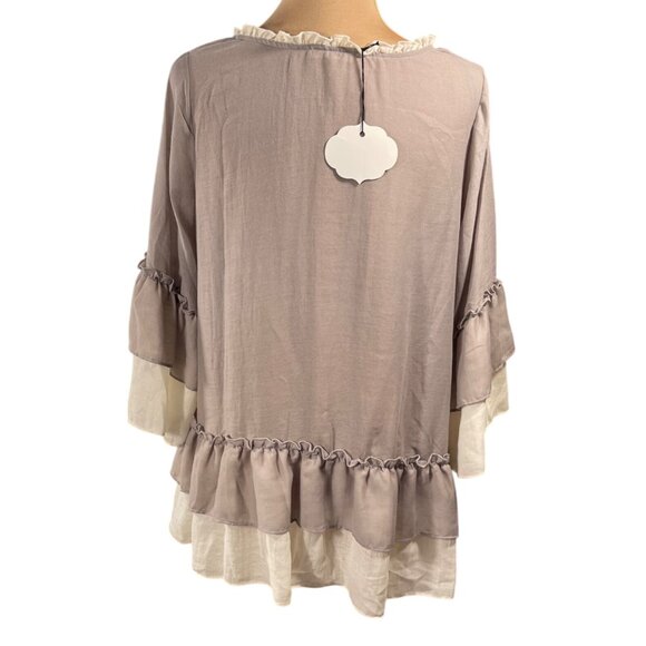 New Easel Ruffle Trim Top Blouse Taupe Cream S Small Tiered Hem - Picture 3 of 6